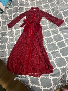 NWT unique vintage red lace maxi dress velour pocket button SZ XS